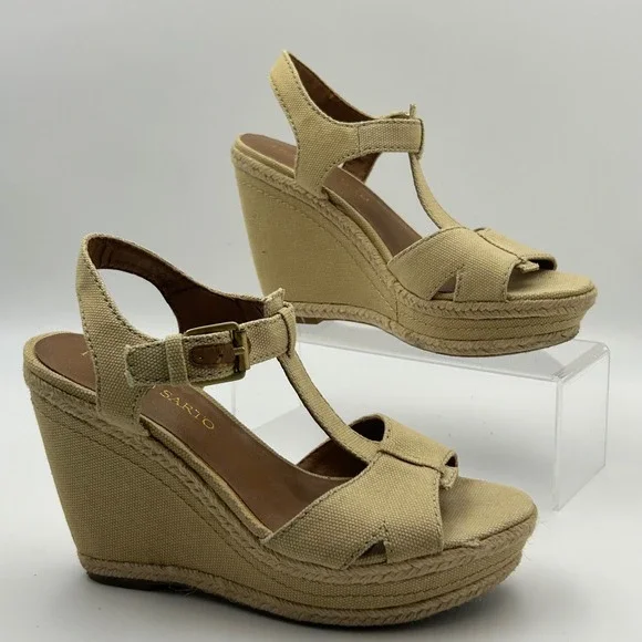 Franco Sarto Wedge Sandals Womens 7.5 Beige Canvas Espadrille T-Strap Boho Coast