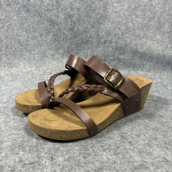 Andiamo Agolden Women's 9.5M Brown Braided Strappy Wedge Sandals Cork Heel