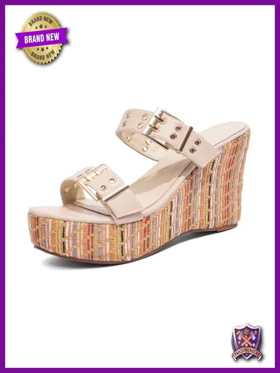 Women's Wedge Sandals with Buckle Strap, Slip On, Peep Toe Platform Heels,