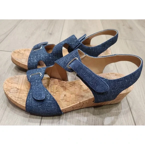 Women's Navy Shimmer Leather Cork Wedge Sandals Adjustable Straps Blue 9M