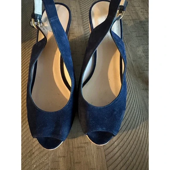 Stuart Weitzman Navy Suede Peep-Toe Cork Wedge Slingback Sandals - Size 9b