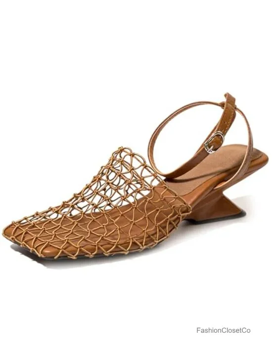 Womens Fishnet Wedge Sandals Closed Square Toe Block Heel Breathable Braid Mesh