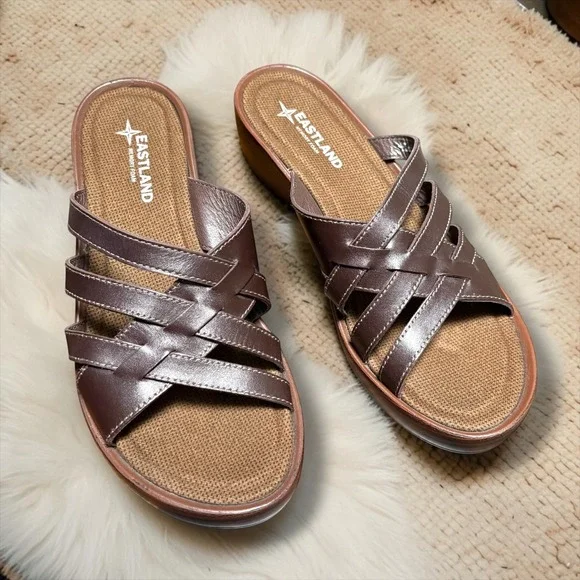 Eastland Womens Brown Poppy Strappy Memory Foam Wedge Slide Sandals Platform