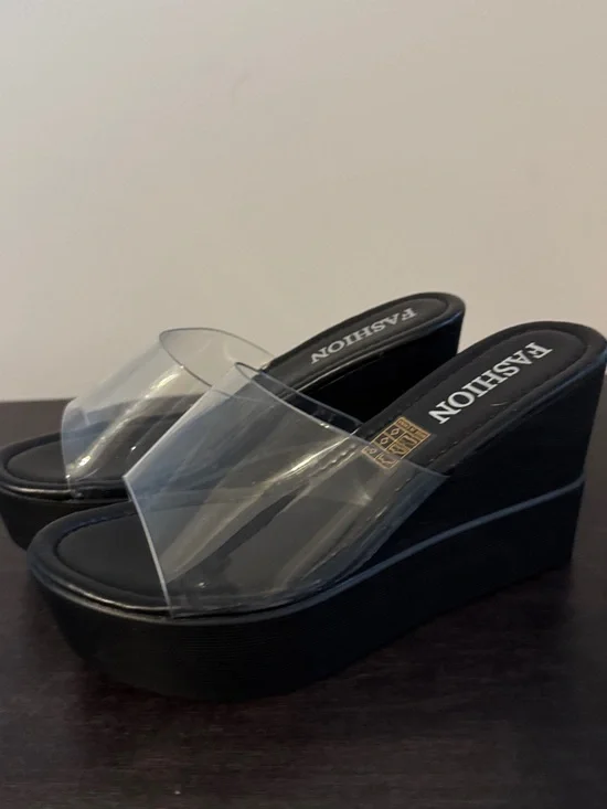 Clear Strap Black Platform Wedge Sandals