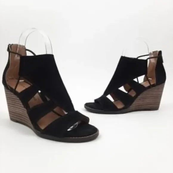 Lucky Brand Joellen Black‎ Suede Wedge Heels Sz 8.5