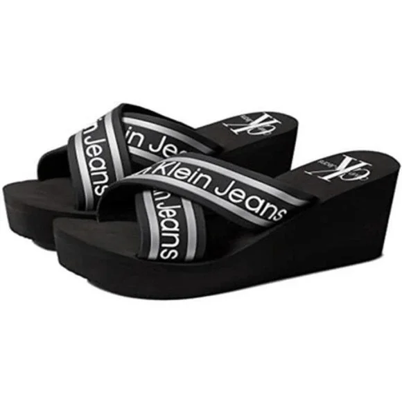 Calvin Klein Sandals Resort Black Logo Crisscross Platform Wedges Size 8.5