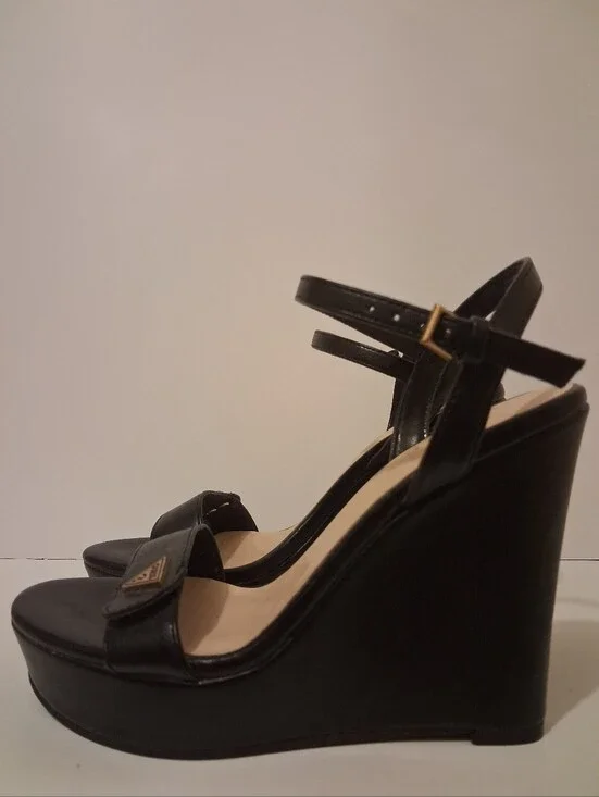 GUESS Black Platform Wedge Sandals Women's Size 6 Ankle Strap Gold Logo