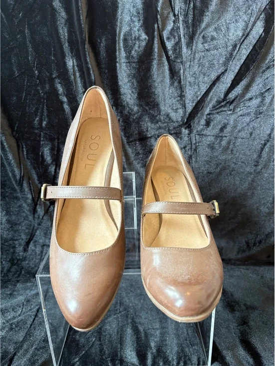 Women's Brown Leather Mary Jane Wedge Heels by Soul with Adjustable Strap