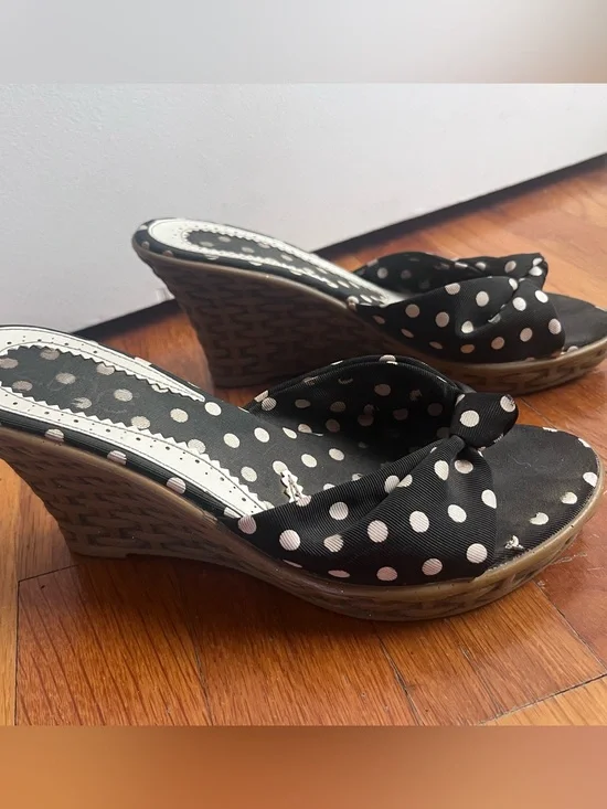 Black Polka Dot Wedge Slide Sandals