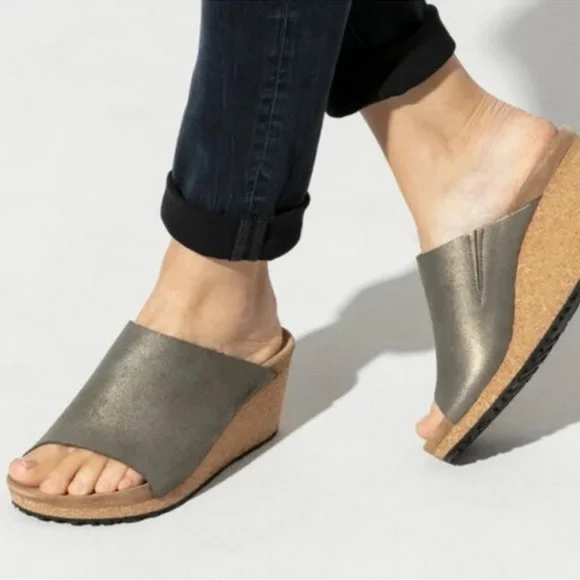Birkenstock Papillio Namica Wedge Sandal Washed Metallic Stone Gold Womens Sz 9