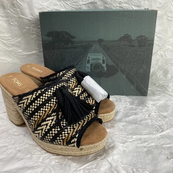 TOMS Black & Natural Woven Tassel Wedge Sandals