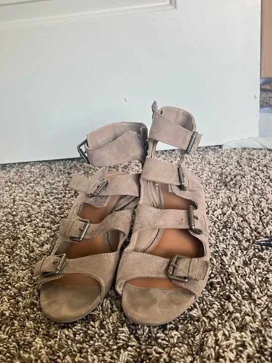 Suede Multi-Strap Buckle Wedges in Taupe