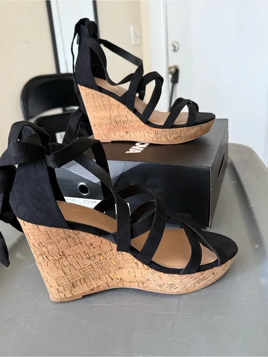 Fashion Nova Black Strappy Cork Wedge Sandals with Ankle Tie