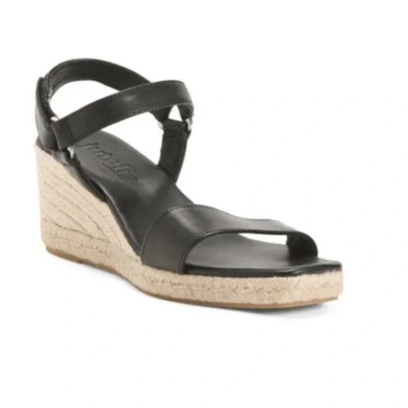 Jutelia Espadrille Wedge Sandals Womens 38 Black Leather Spain Boho Summer‎ Chic