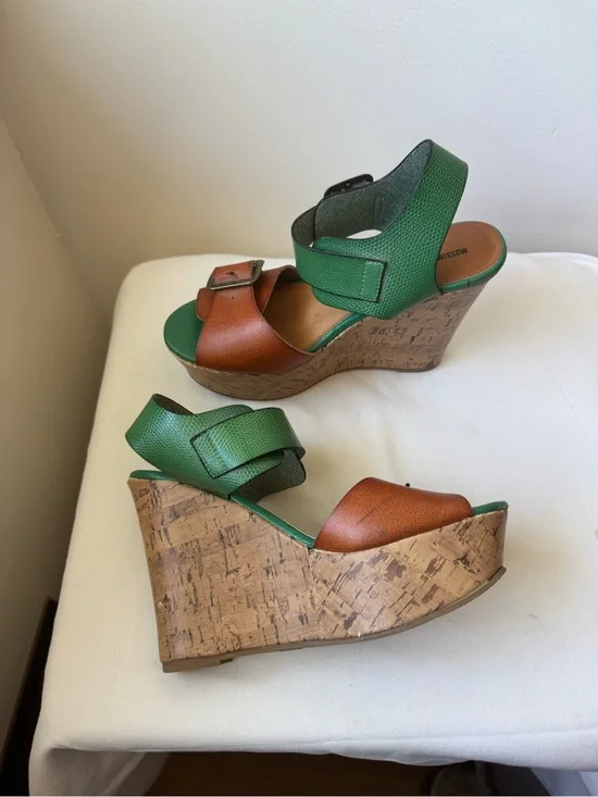 Mossimo Colorblock Cork Platform Wedge Sandals Green & Brown Size 7