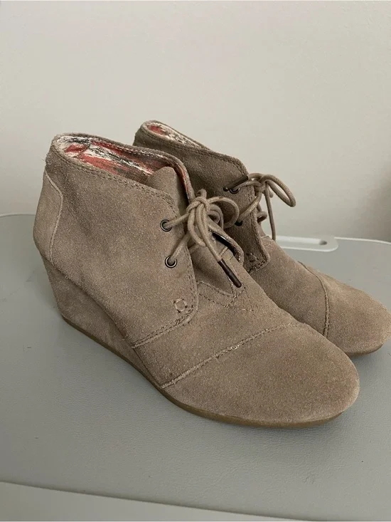 Toms Taupe Suede Lace-Up Wedge Booties