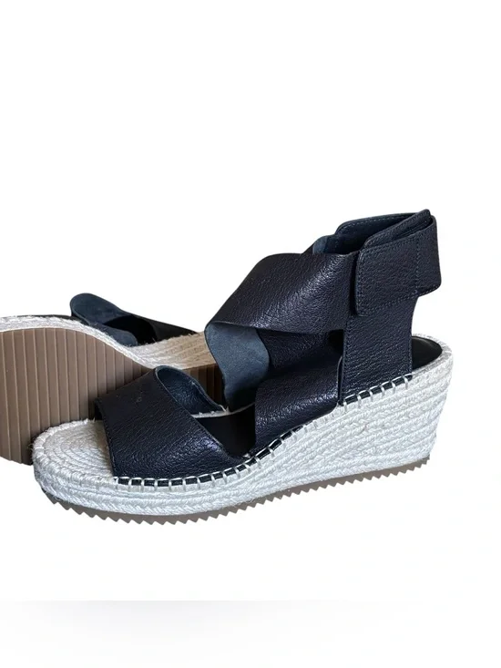 Eileen Fisher Willow Black Tumbled Leather Wedge Espadrille Sandals  Crisscross