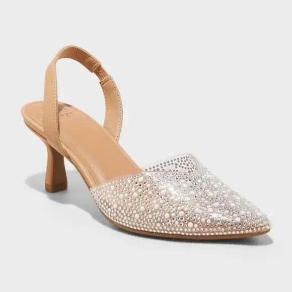 A New Day - Women's Isabel Embellished Slingback Kitten Pumps  Clear