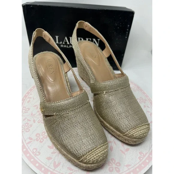 LAUREN Ralph Lauren Penelopie Espadrille Wedge Women 6 Silver Metallic Straw New