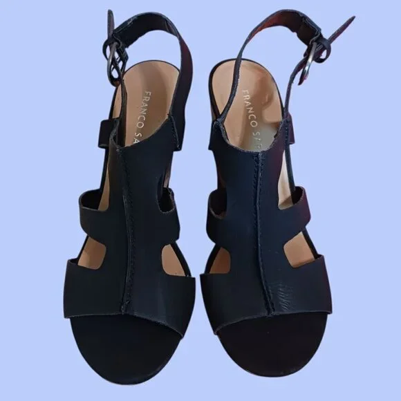 Franco Sarto Black Wedge Sandals Open Toe Cork Wedge Size 8M