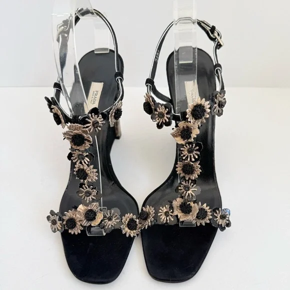 Prada Black Python Snakeskin Suede Floral Appliqué T-Strap Wedge Sandals EU40