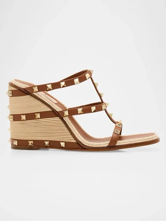 Valentino Brown 100mm Rockstud Espadrille Leather Wedge Sandals with Gold Studs