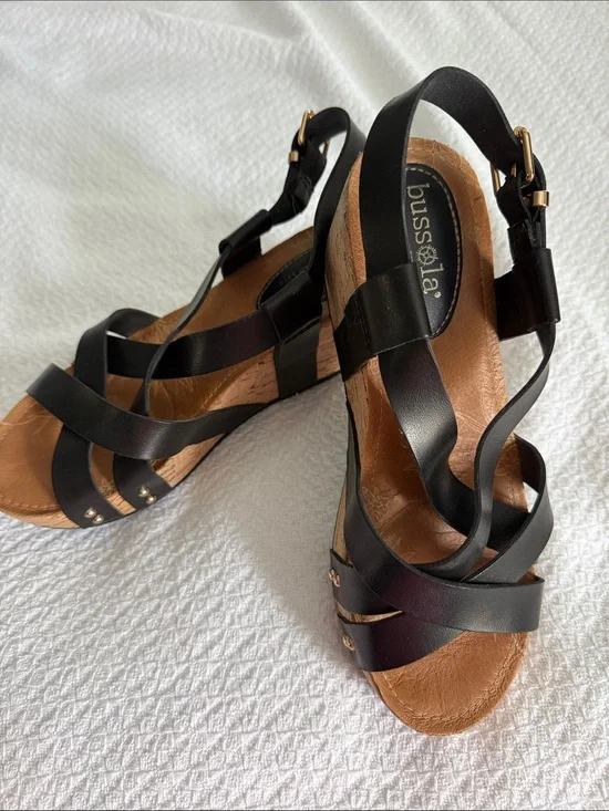 bussola Black Leather Strappy Wedge Sandals