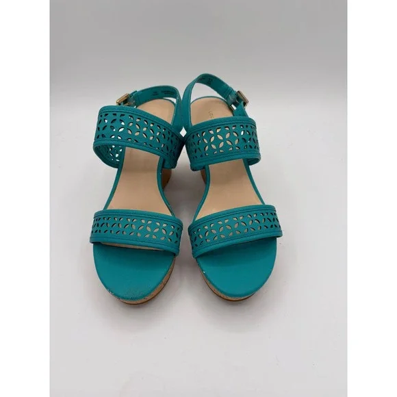 Liz Claiborne Teal Laser Cut Cork Wedge Sandals Womens 7.5M Blue 106-6263