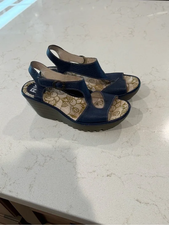 Fly London Navy Leather Wedge Sandals with Floral Insole