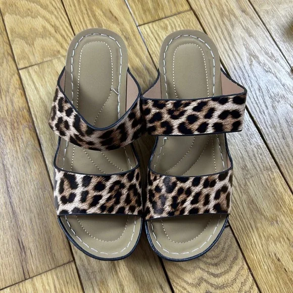 NEW Leopard Print Wedge Sandals Women's Comfort Slip On Open‎ Toe Shoes Size 38