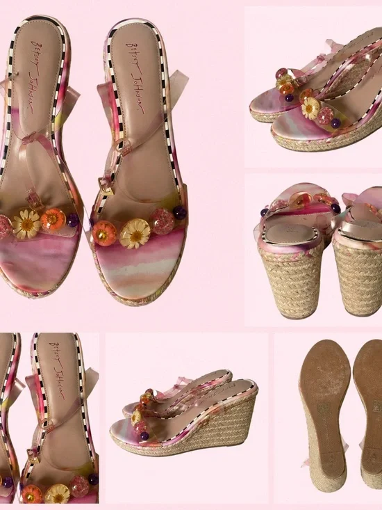Betsey Johnson Pink Floral Beaded Espadrille Wedge Sandals Size 11