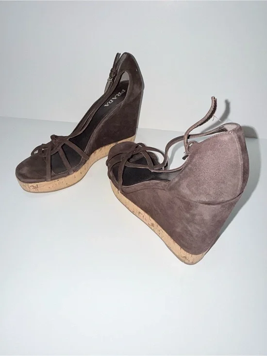Prada Chocolate Brown Suede Cork Wedge Sandals