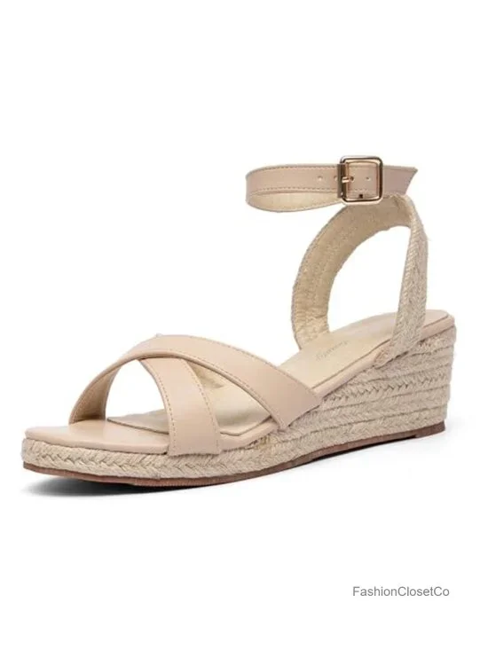 Wedge Sandals Crisscross Elastic Straps Platform Peep Toe Buckle
