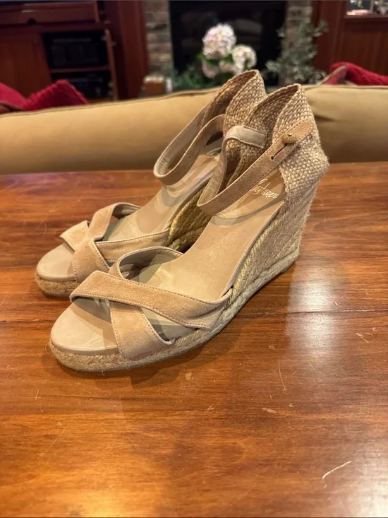 Castaner Bruna Espadrille Wedge Shoe 38 Taupe Sand Leather Open Casual Button
