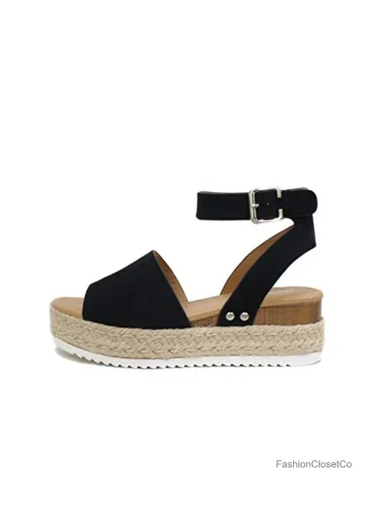 Open Toe Buckle Ankle Strap Espadrilles Flatform Wedge Casual Sandal