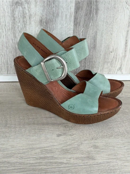 Born teal Wedge leather Sandals Basket weave heel women’s 8 Teal Blue Boho Beach