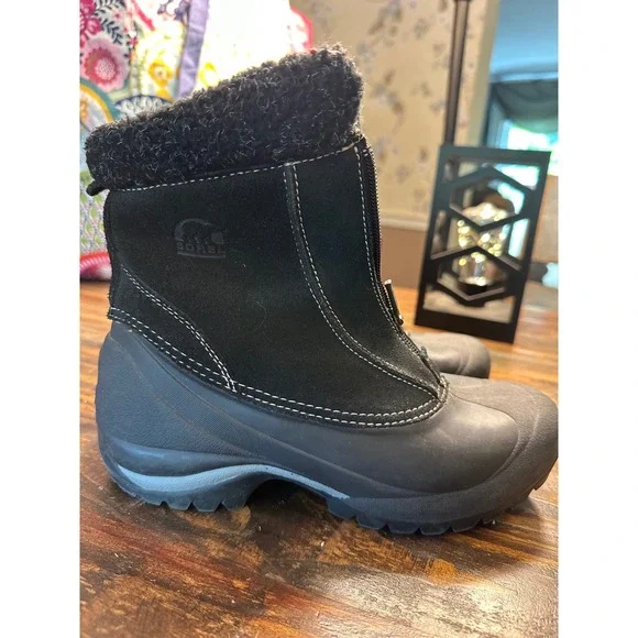 Sorel Crestwynd Black Suede Winter Snow‎ Boots Faux Fur Cuff Warm Lining Size 7