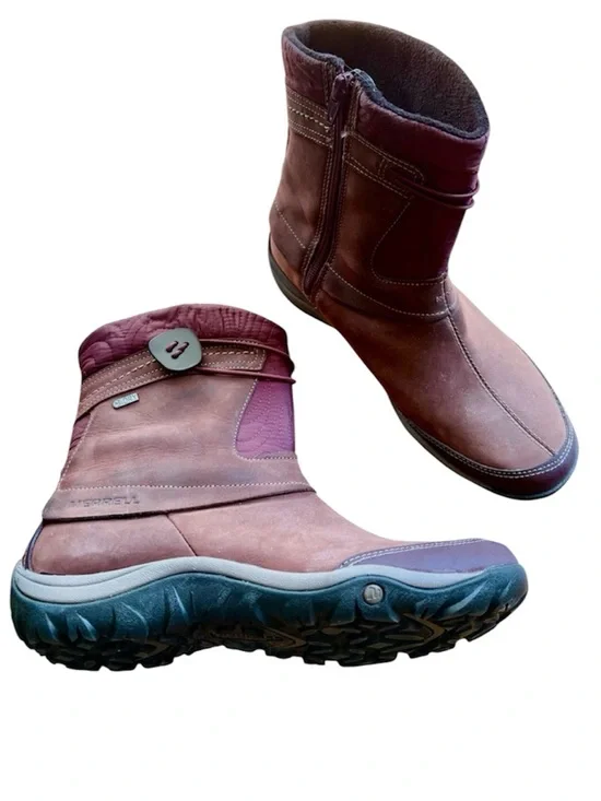 Merrell winter boots lined calf high pull on side zip burgundy 9 cabincore cozy