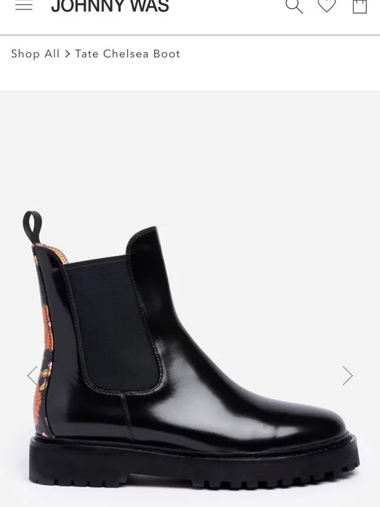 Johnny Was Black Patent Tate Chelsea Boot with Floral Heel Accent NEW!