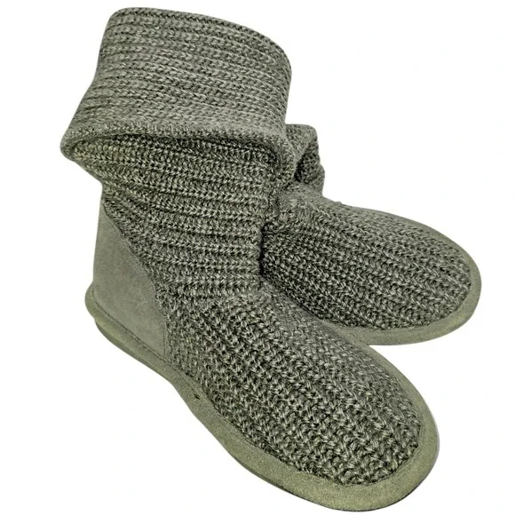 Bearpaw Knit Tall Grey Toggle Button Boots Women 6 Suede Trim Wool Blend Lining
