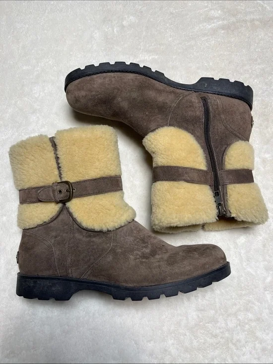 UGG Taupe Suede Shearling-Lined Winter Boots with Cream Cuff Size 9