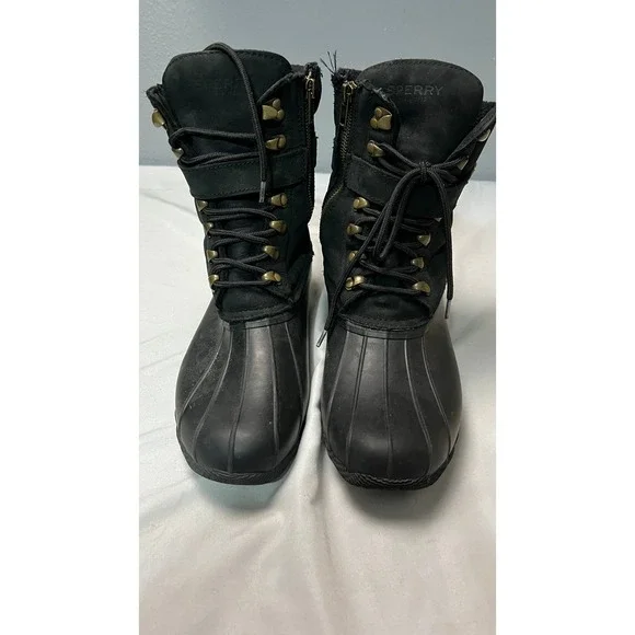 Sperry Saltwater Black Waterproof Duck Boots Women 9.5 STS83220 Side Zip Leather