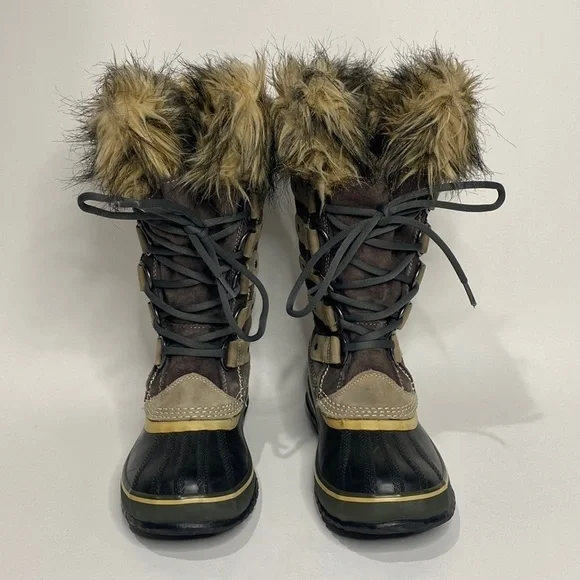 SOREL JOAN OF ARCTIC SNOW BOOTS FAUX FUR WATERPROOF BLACK & TAUPE WOMEN’S SZ 5