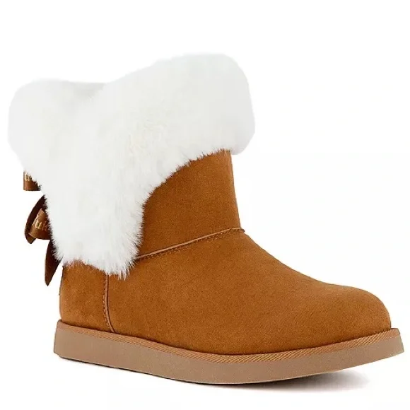 Juicy Couture Toddler Faux Fur Bow Boots Brown White Size 6M‎ Cozy Winter Style