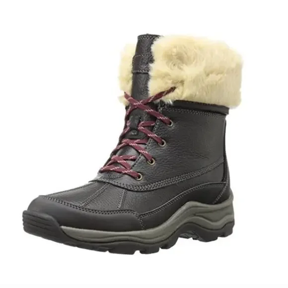 Clarks Mazlyn Black Leather Fur Trim Lace-Up Boots