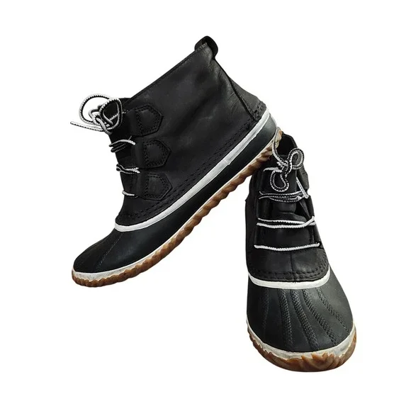 Sorel Out N About Leather Duck Boots Black White Waterproof NL2133-011 ‎ L 8.5