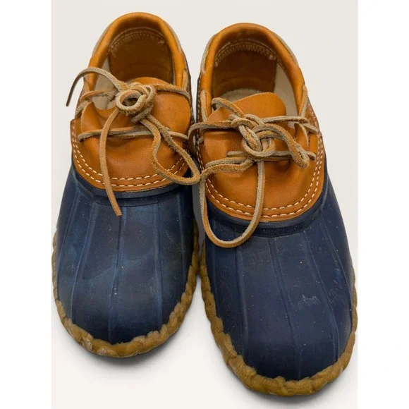 LL Bean Boots Womens 7 Navy Blue Tan Leather Low Gumshoe Duck Boots Made in USA