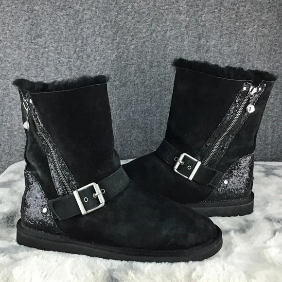 Rare UGG Glitter Moto Black Boots with‎ Buckle and Zipper Size 8