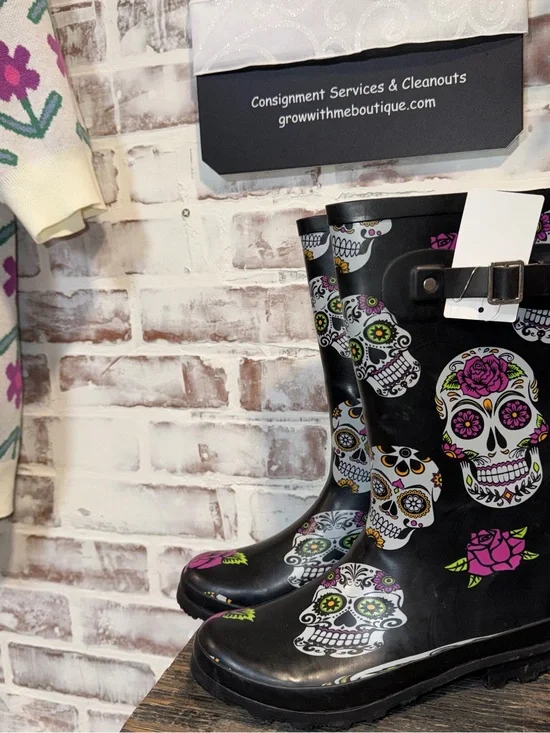 Women’s Black Sugar Skull Rain Boots - Floral Accent