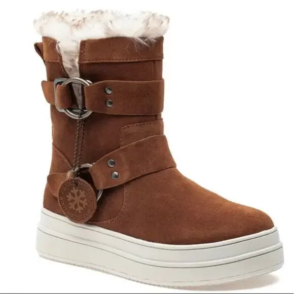 J/Slides NYC Nelly Brown Women Winter Boot Sz 7.5 Suede Faux Fur Waterproof New